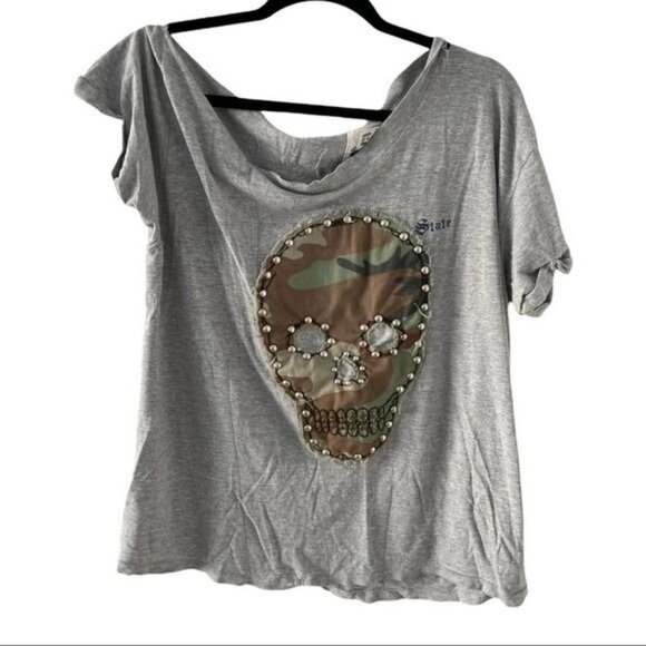 FURST OF A KIND Distressed Heather Gray T-Shirt Camo Skull Studded - Picture 1 of 9